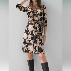 WHBM Floral Black and Cream Reversible Wrap Dress with FORME Black Slip NWT